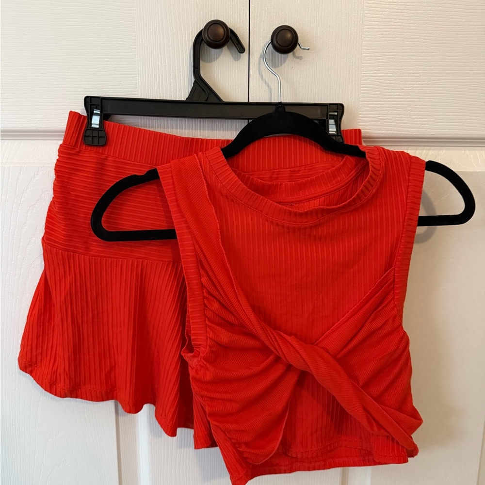 Free People Red/Orange Ribbed Tank and Short Set